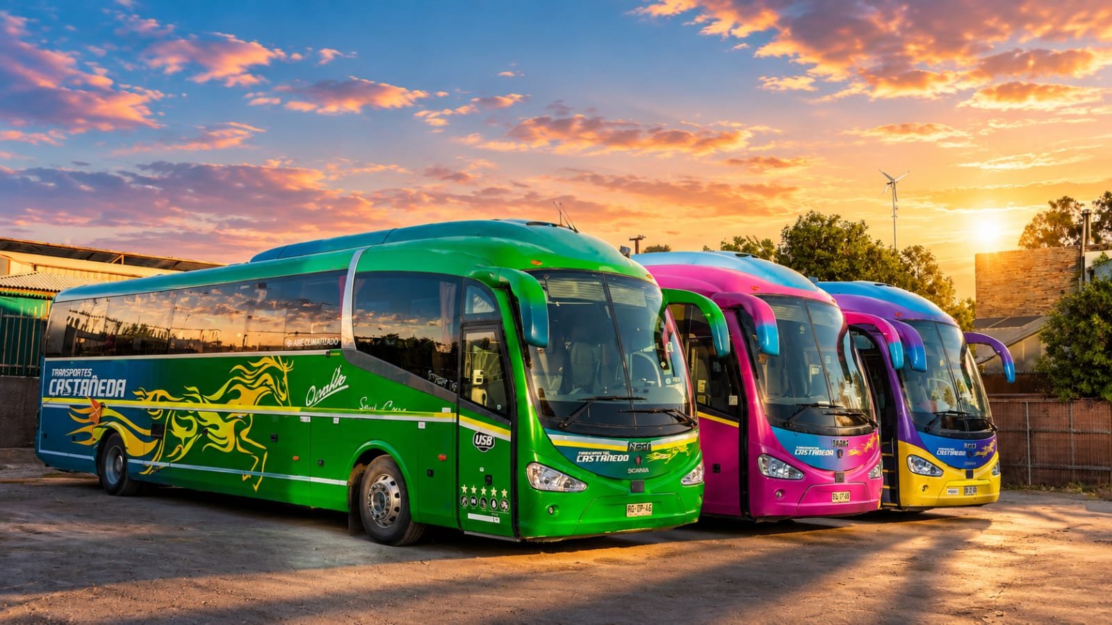 Flota de buses de Transportes Castañeda: unidades verde, magenta y morada