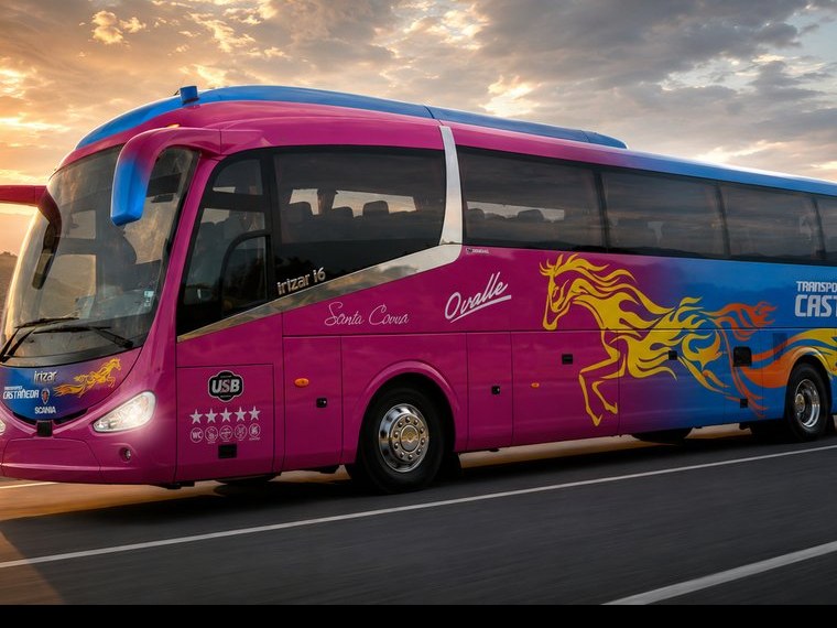 Bus Irizar Scania de Transportes Castañeda, librea rosa y celeste